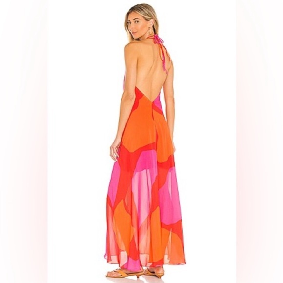 Vix Paula Hermanny Red Pink Orange Backless Flowy Halter Maxi Dress Small - Picture 4 of 11